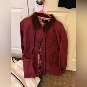 Size medium burgundy denim jacket with corduroy collar and plaid inside lining
